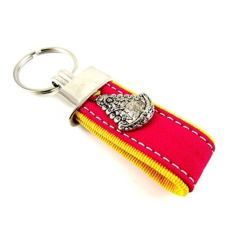 Llavero ancho de lona con los colores del capote y la Virgen del Rocío